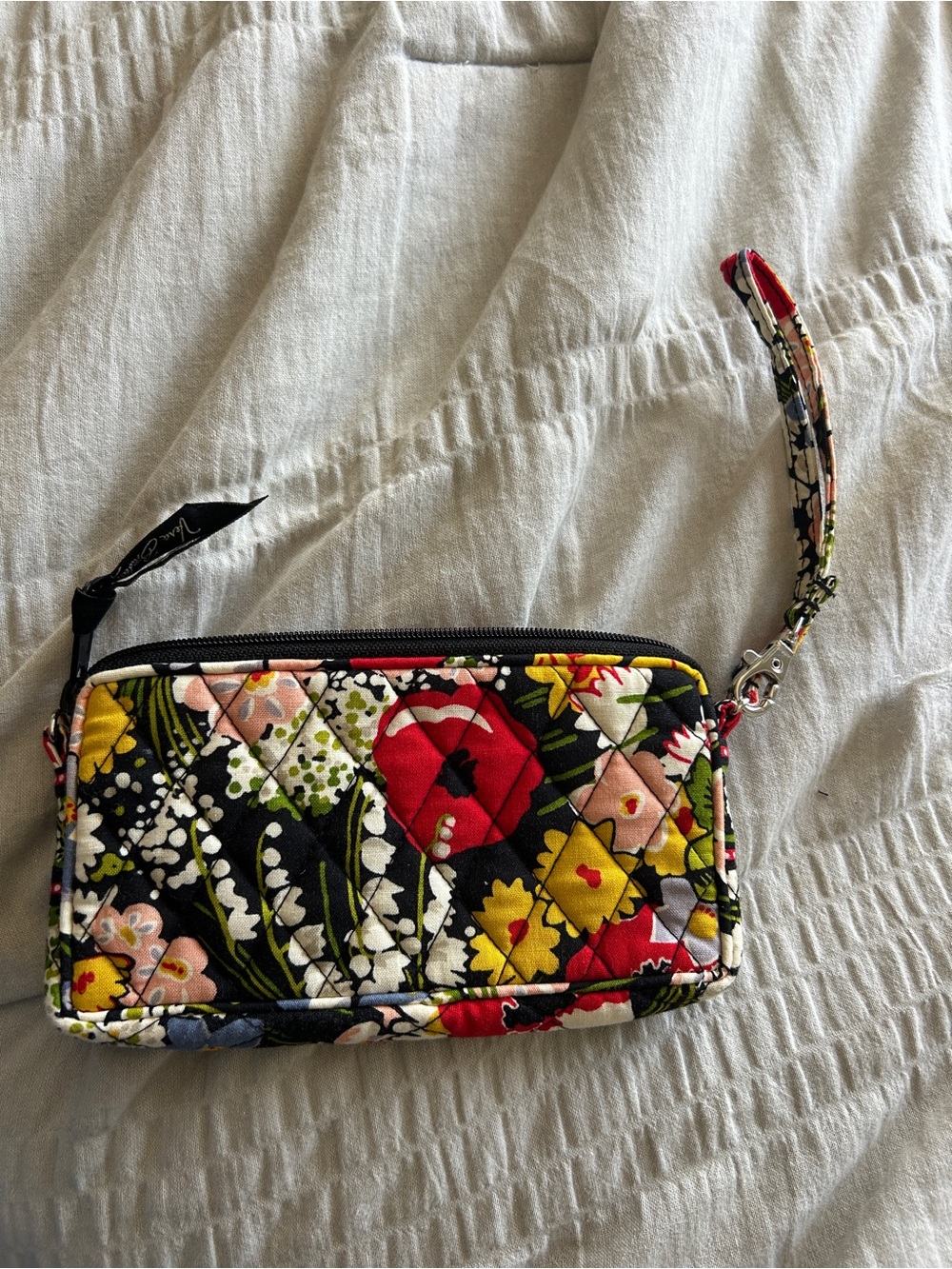 Vera Bradley Black Floral Quilted Wristlet Wallet with Red & Yellow Blooms